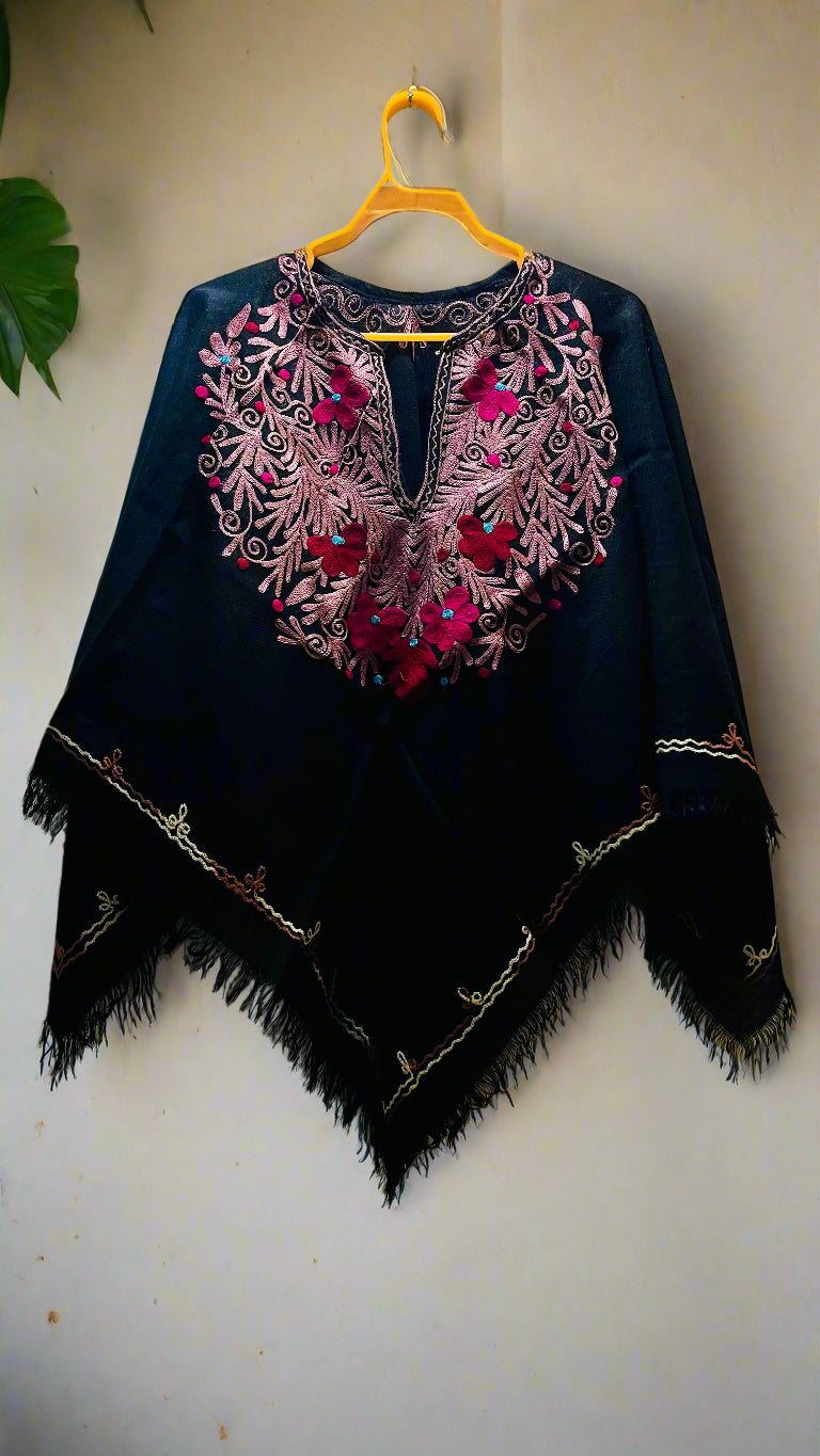 Black Floral Design Hand Embroidered Poncho