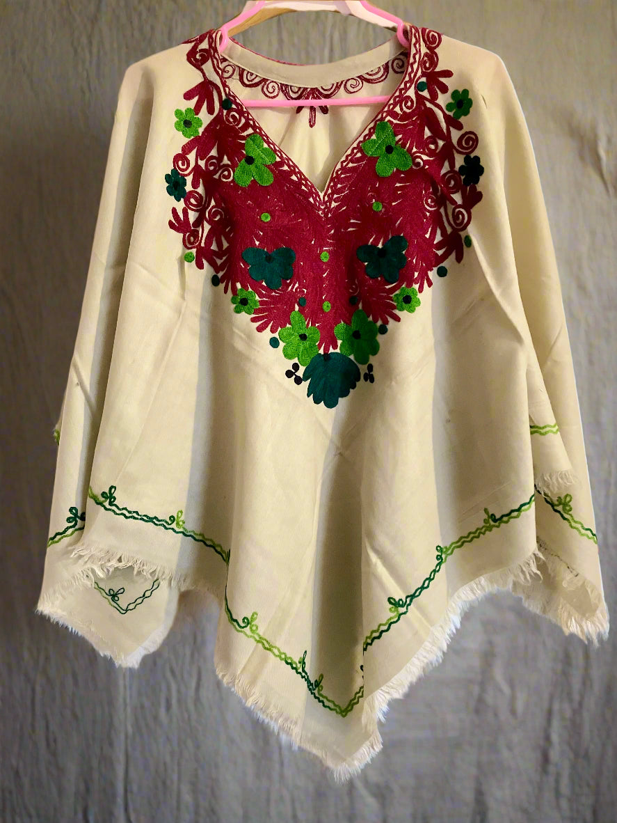 Half White Floral Design Hand Embroidered Poncho