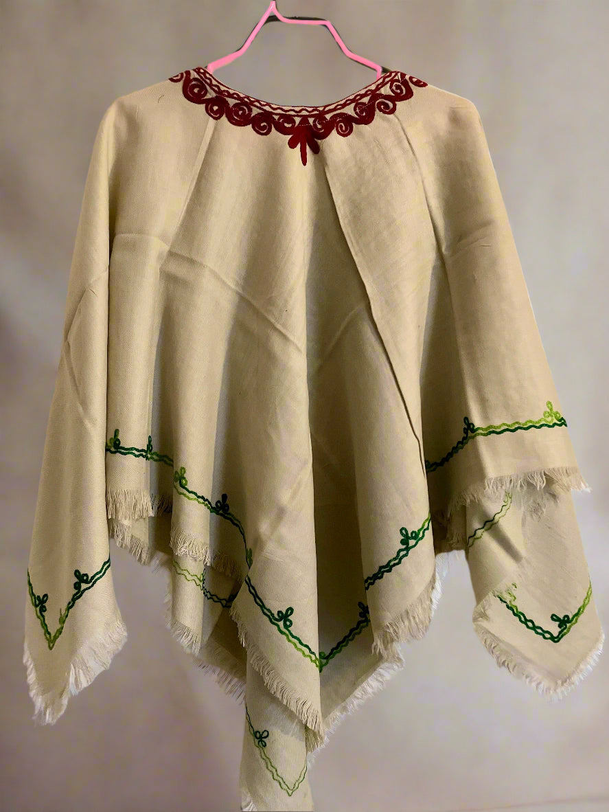 Half White Floral Design Hand Embroidered Poncho