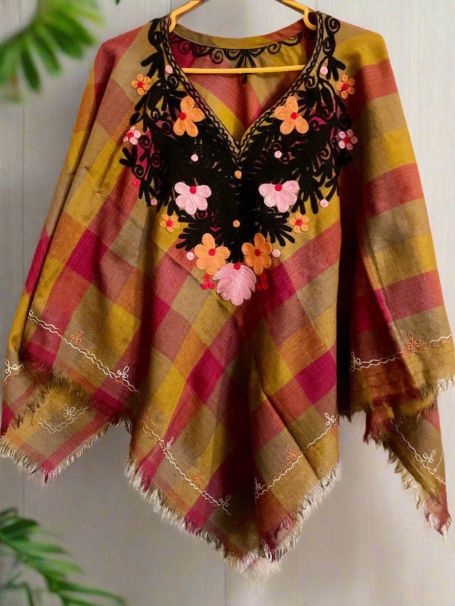 Plaid Checkered Floral Design Hand Embroidered Poncho