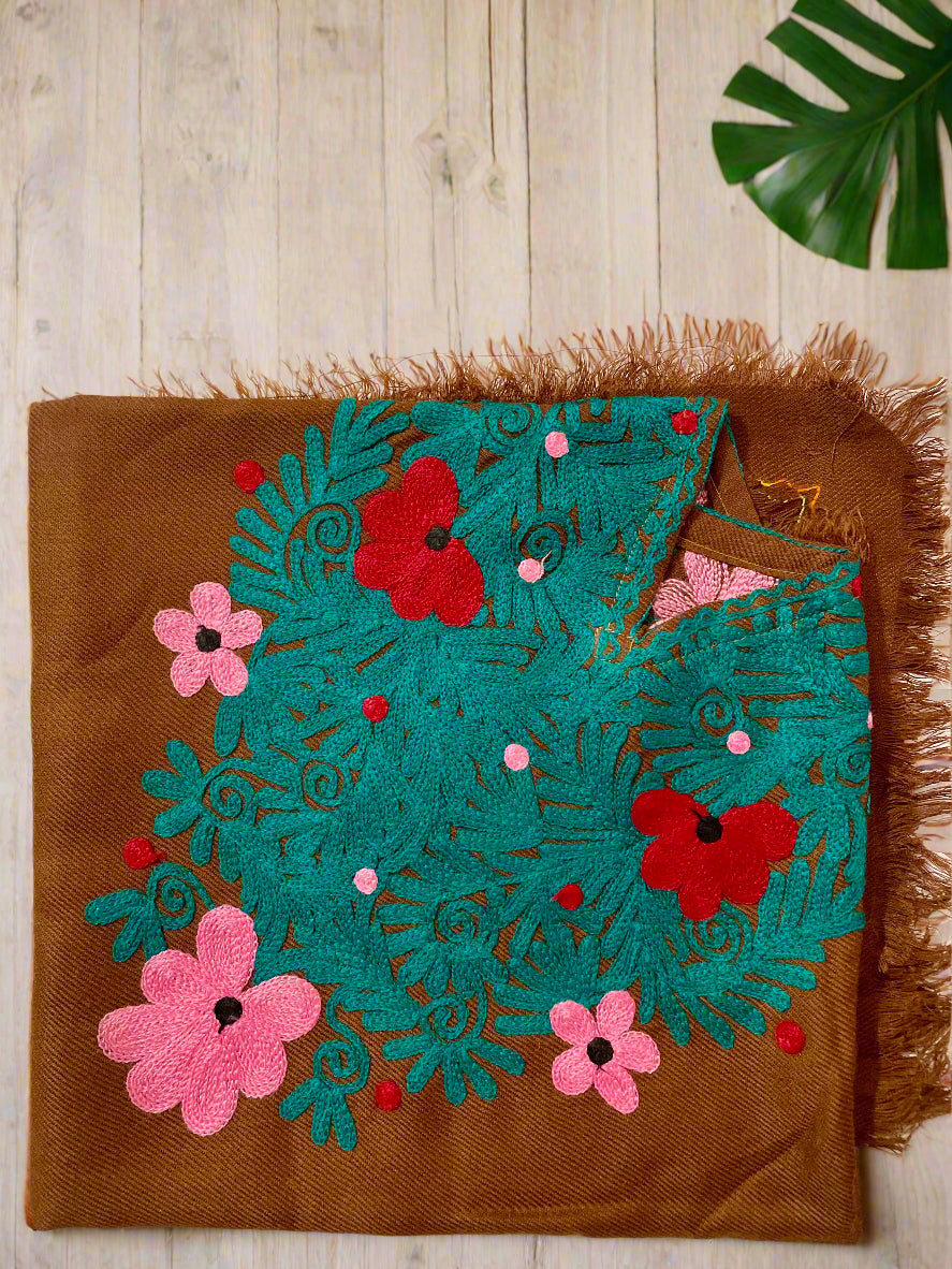 Brown Floral Design Hand Embroidered Poncho