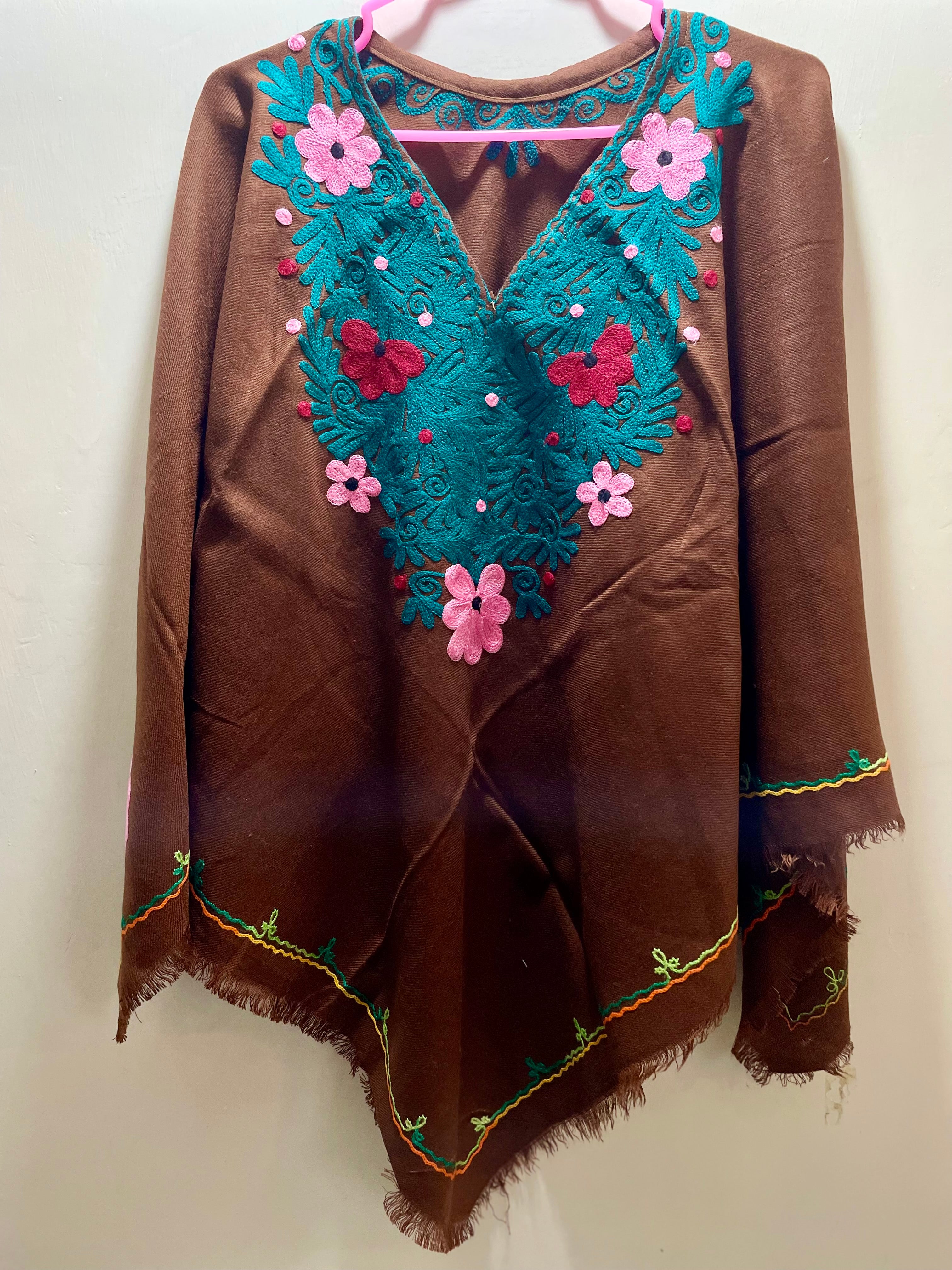 Brown Floral Design Hand Embroidered Poncho