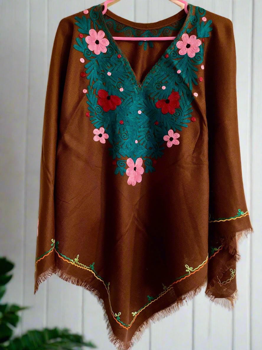 Brown Floral Design Hand Embroidered Poncho