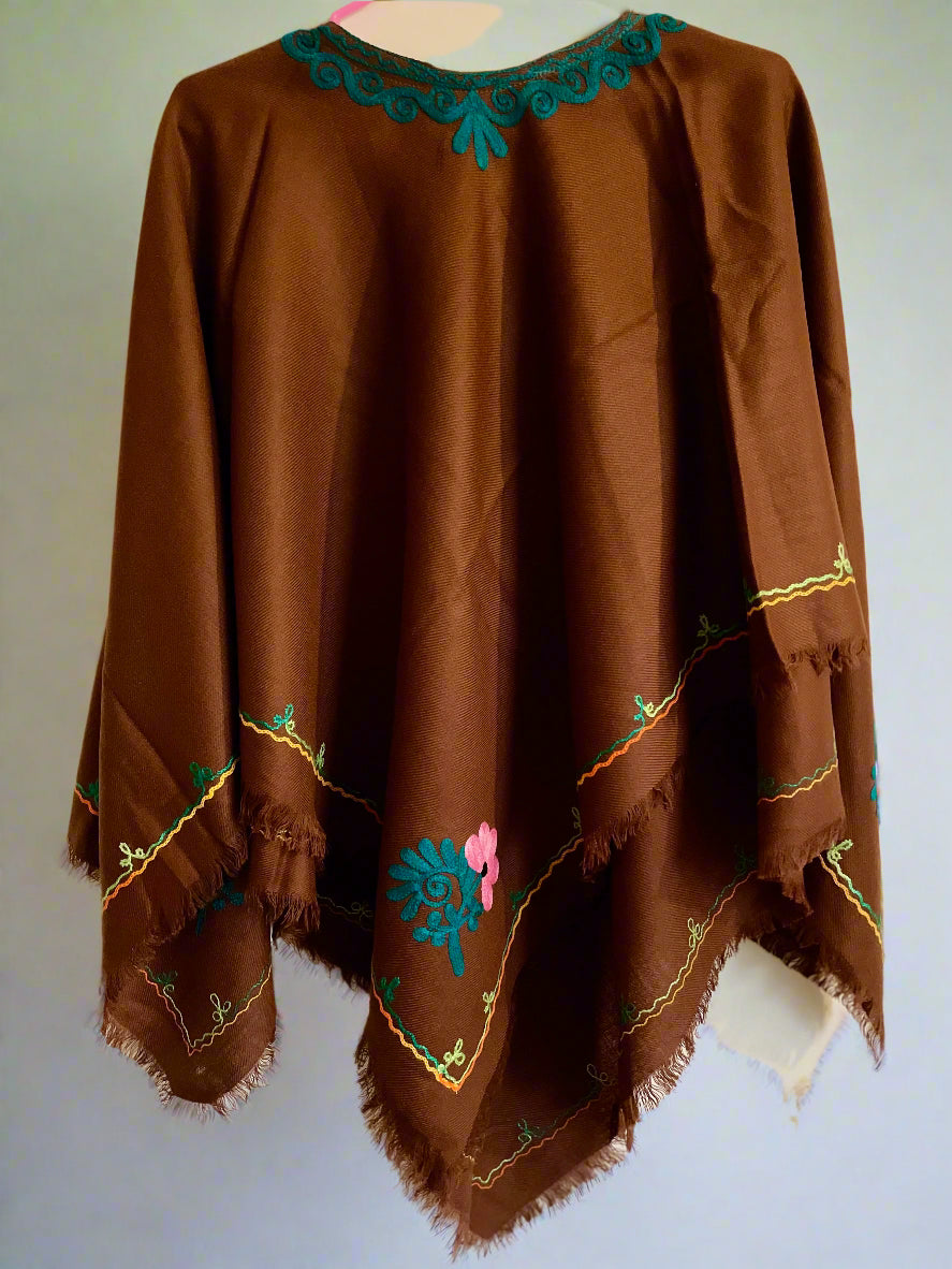 Brown Floral Design Hand Embroidered Poncho