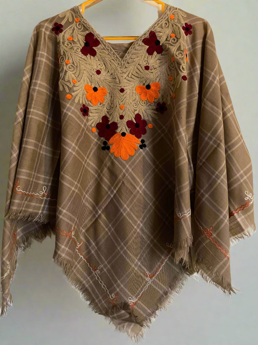 Light Plaid Checkered Floral Design Hand Embroidered Poncho