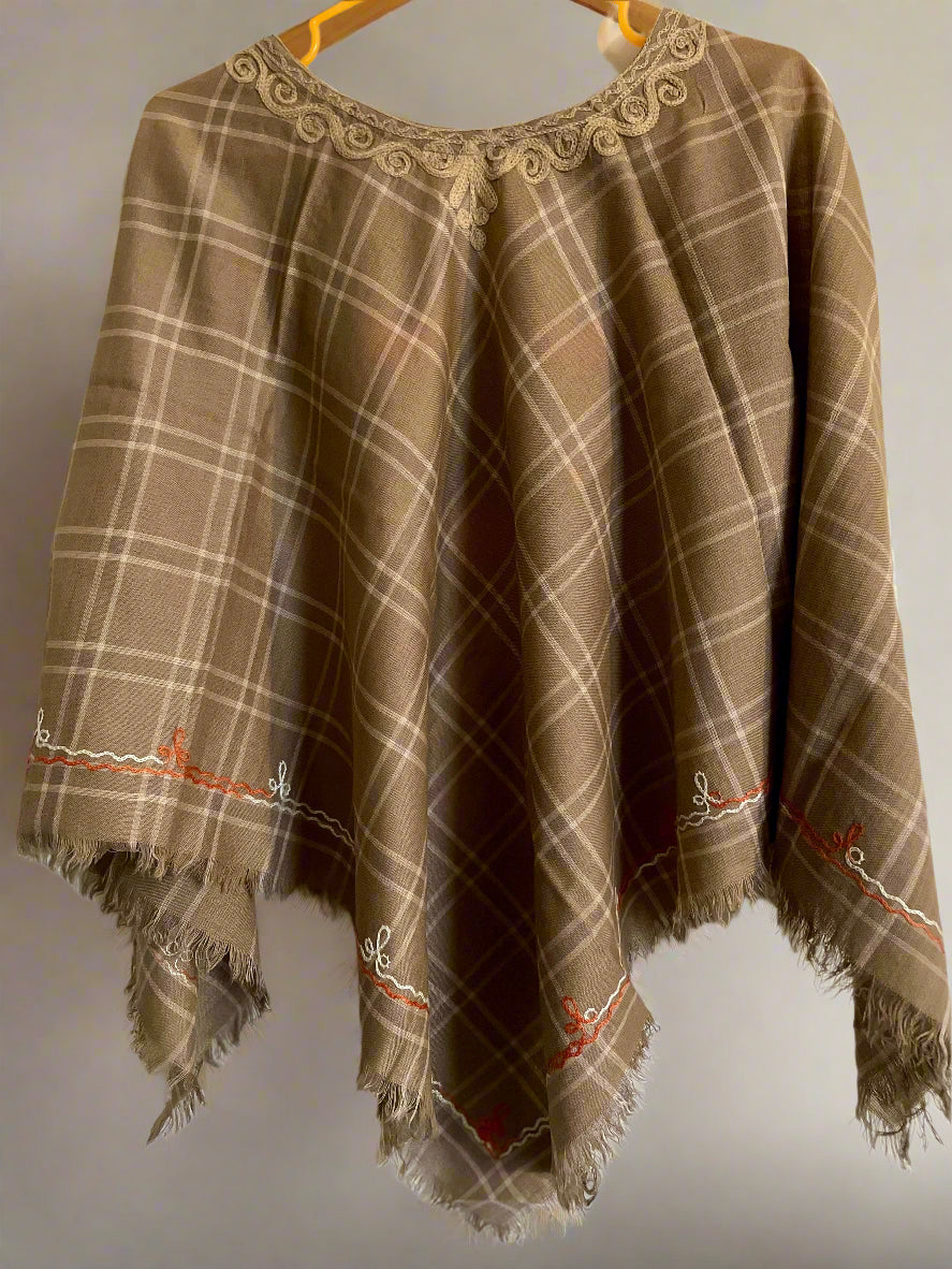 Light Plaid Checkered Floral Design Hand Embroidered Poncho