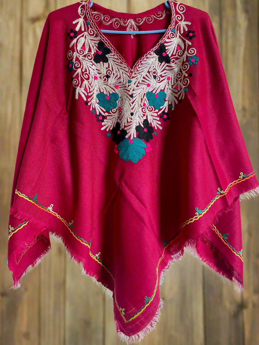 Maroon Floral Design Hand Embroidered Poncho