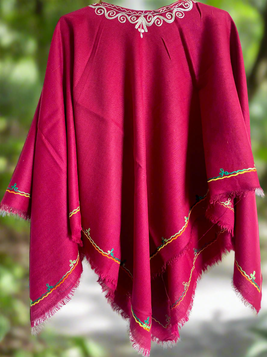 Maroon Floral Design Hand Embroidered Poncho