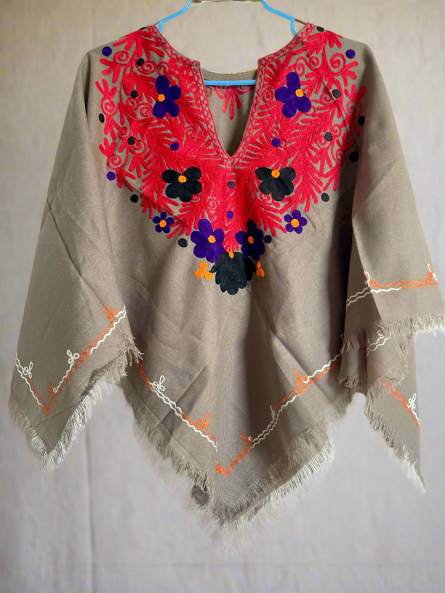 Light Brown Floral Design Hand Embroidered Poncho