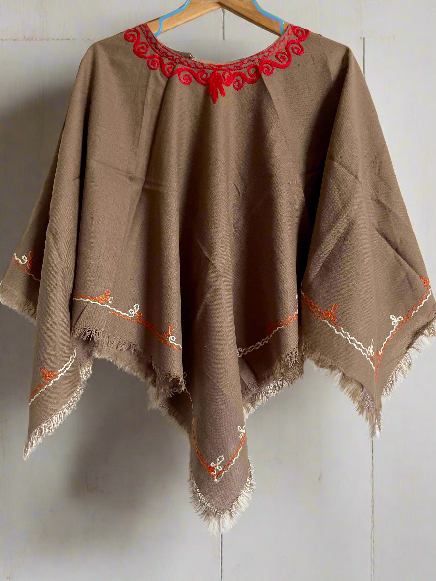 Light Brown Floral Design Hand Embroidered Poncho