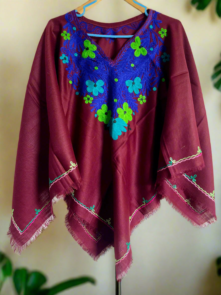 Maroon Floral Design Hand Embroidered Poncho