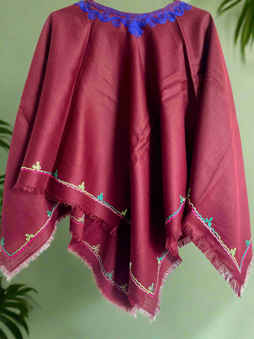 Maroon Floral Design Hand Embroidered Poncho