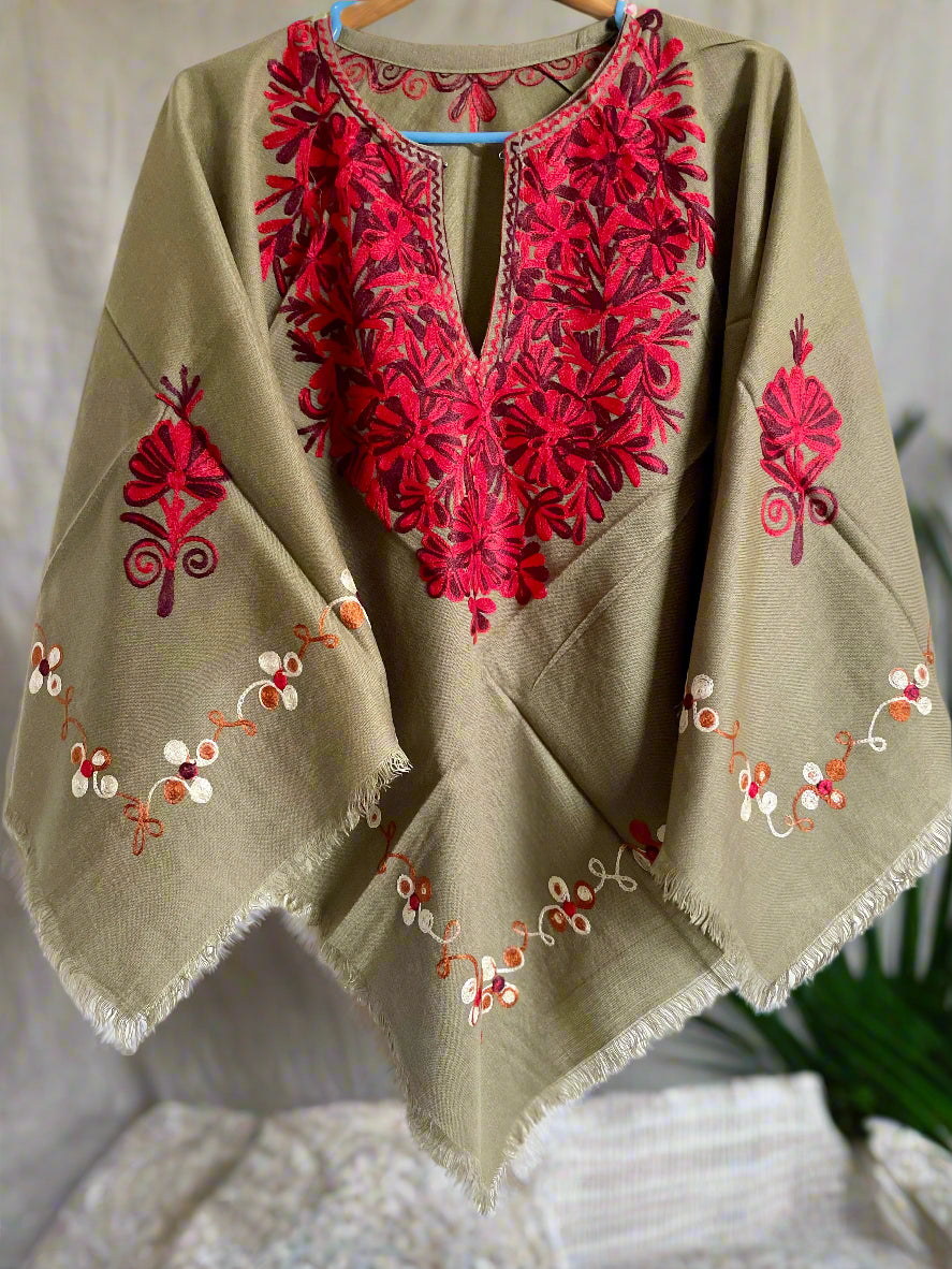 Grain Brown Floral Design Hand Embroidered Poncho