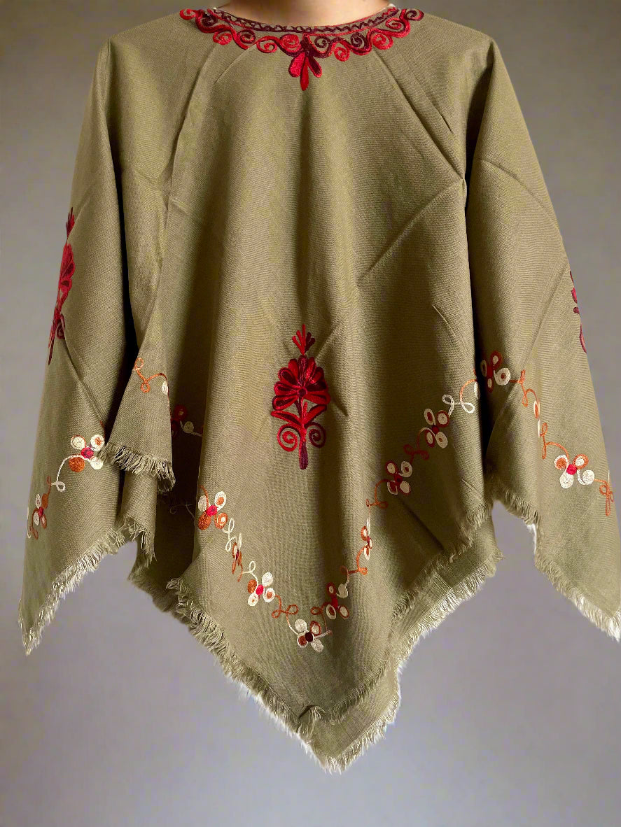 Grain Brown Floral Design Hand Embroidered Poncho