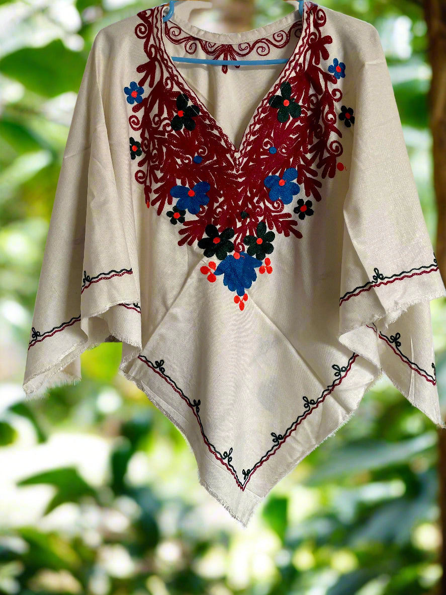 Half White Floral Design Hand Embroidered Poncho