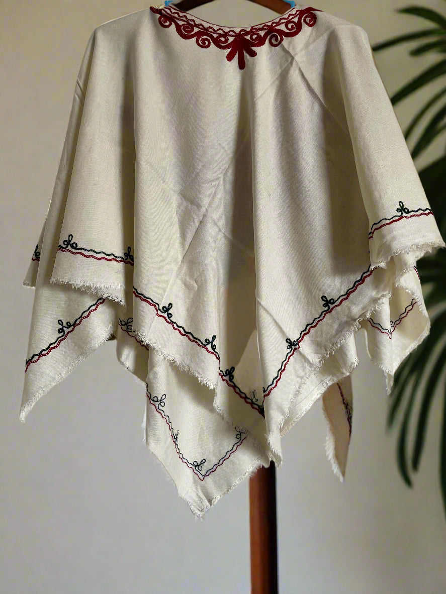 Half White Floral Design Hand Embroidered Poncho