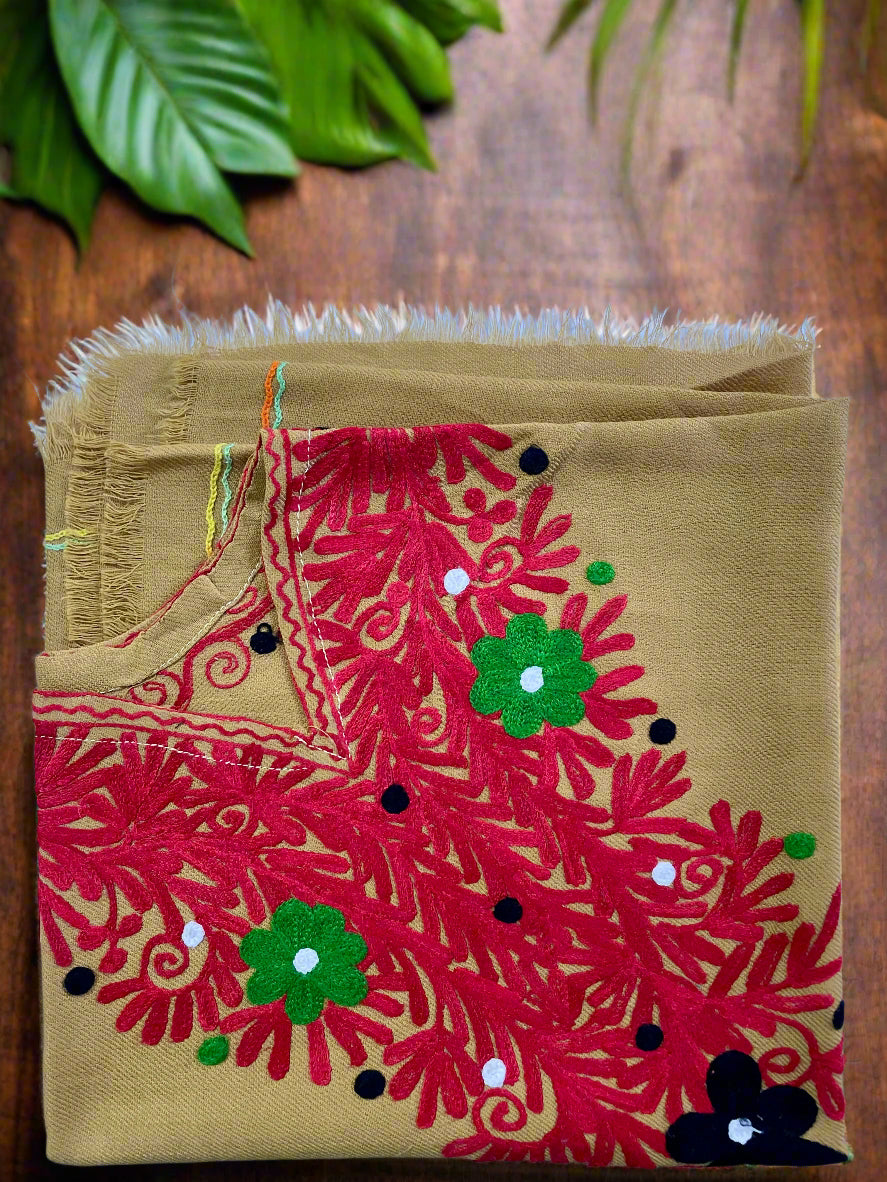 Khaki Floral Design Hand Embroidered Poncho