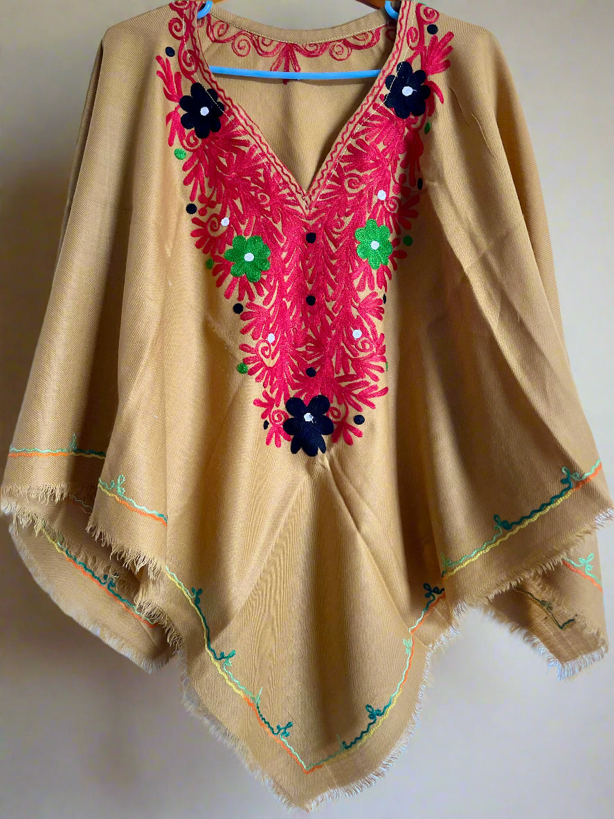 Khaki Floral Design Hand Embroidered Poncho