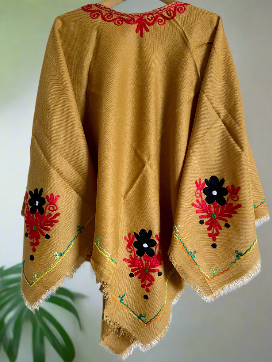 Khaki Floral Design Hand Embroidered Poncho