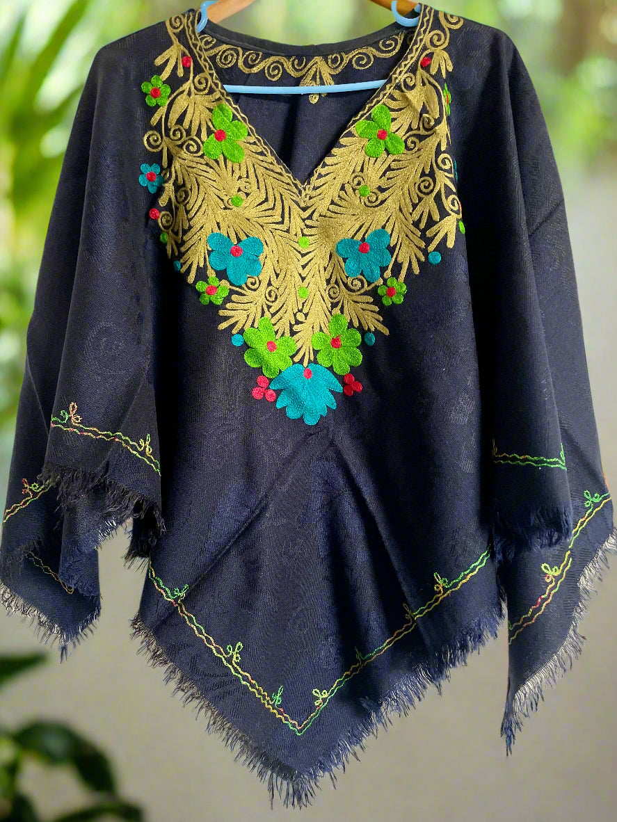 Navy Blue Floral Design Hand Embroidered Poncho