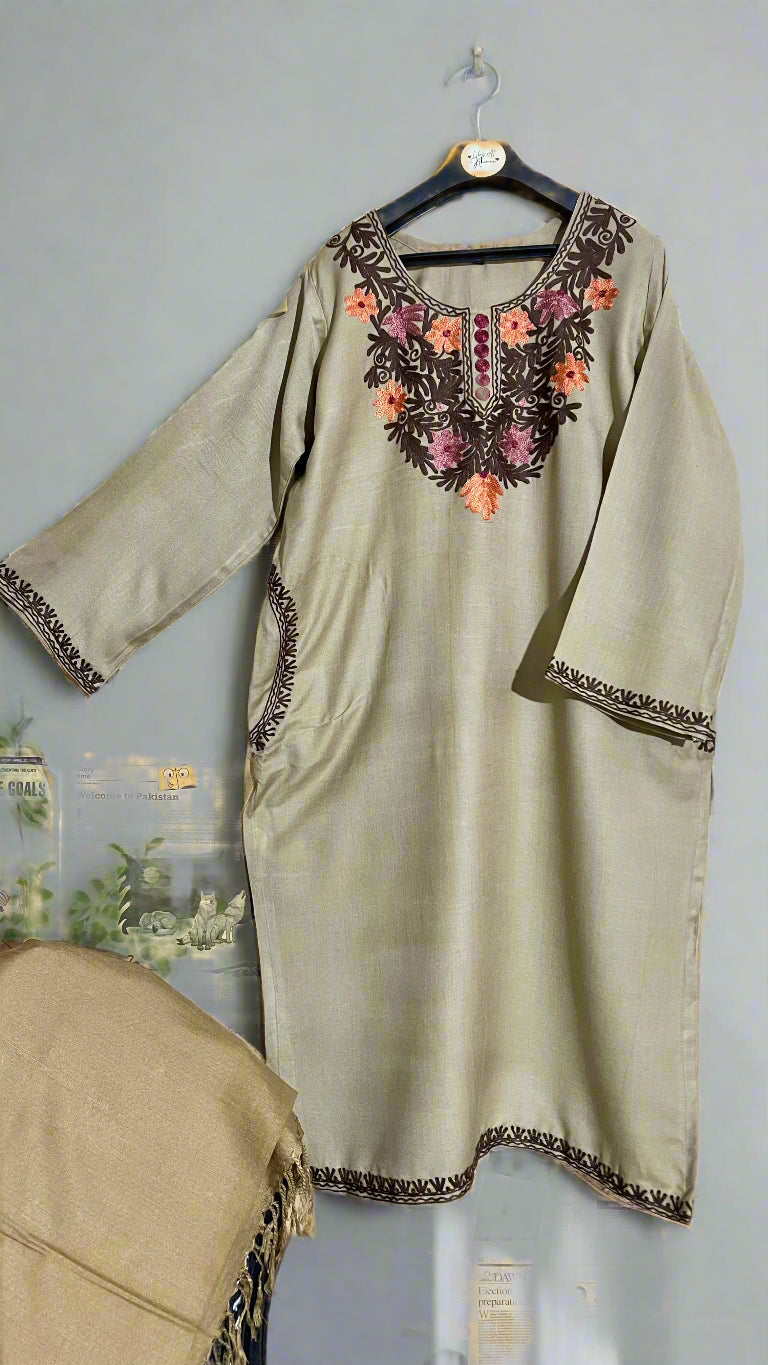 Light Olive Floral Design Aari Embroidered Traditional Pheran