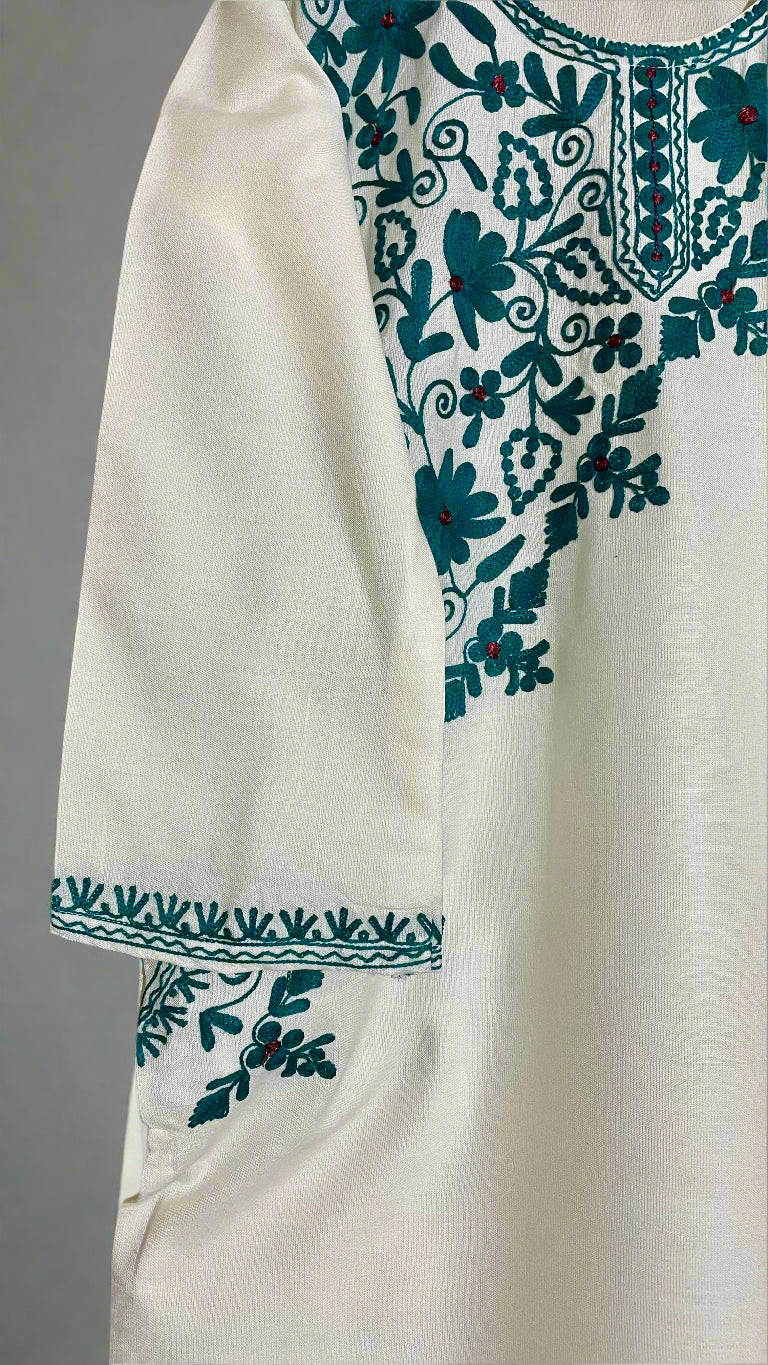 Half White Floral Design Aari Embroidered Traditional Pheran