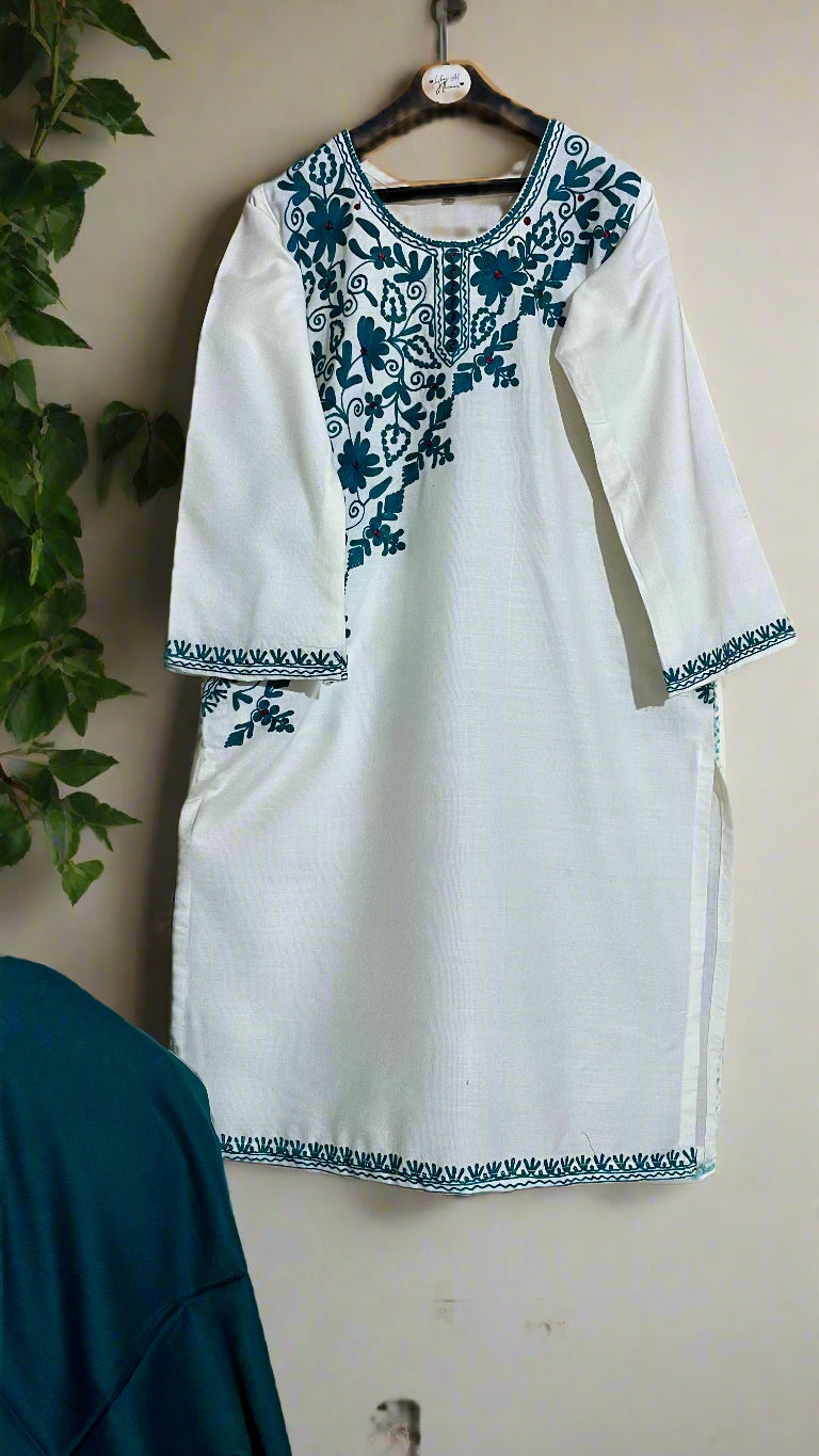 Half White Floral Design Aari Embroidered Traditional Pheran