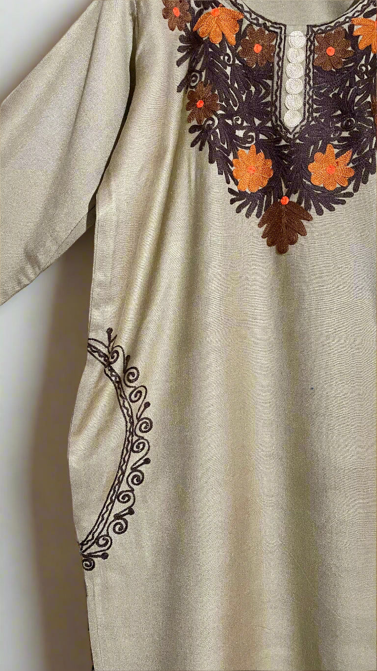 Beige Floral Design Aari Embroidered Traditional Pheran