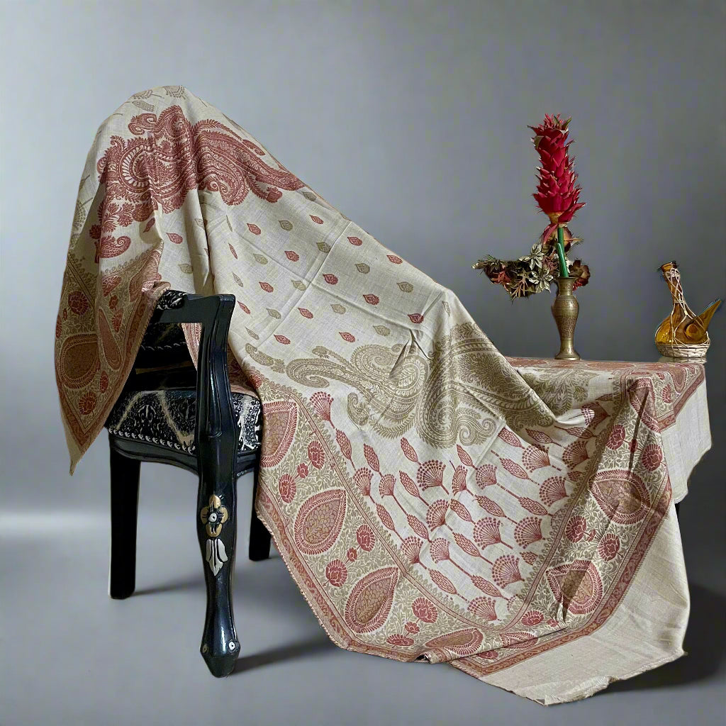 Beige, Red & Camel Floral Design Aari Embroidered Traditional Jacquard Shawl