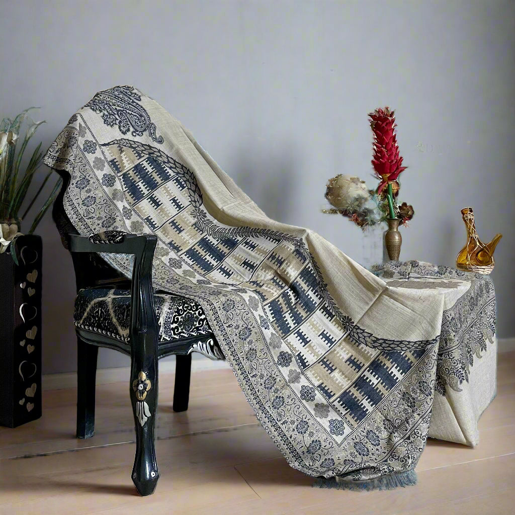 Muted Grey, Olive & Blue Box Design Aari Embroidered Traditional Jacquard Shawl