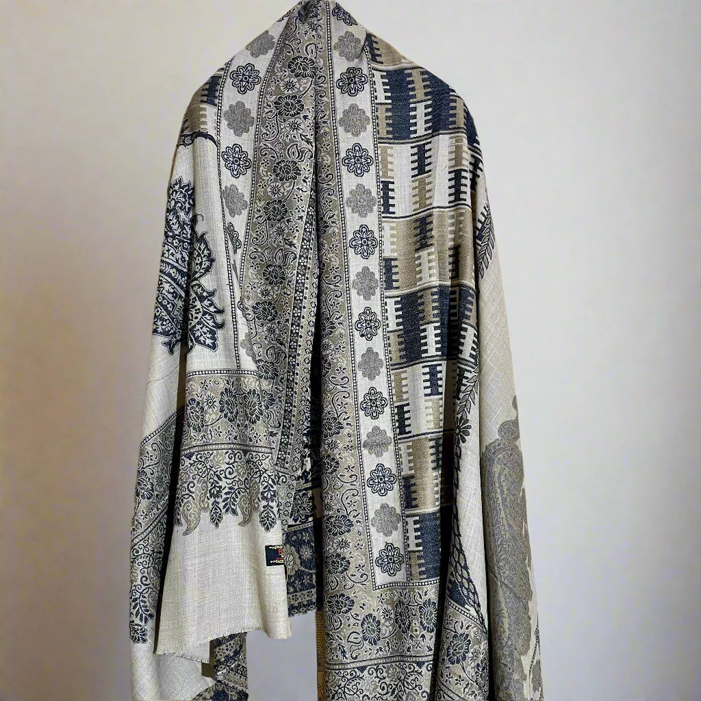 Muted Grey, Olive & Blue Box Design Aari Embroidered Traditional Jacquard Shawl