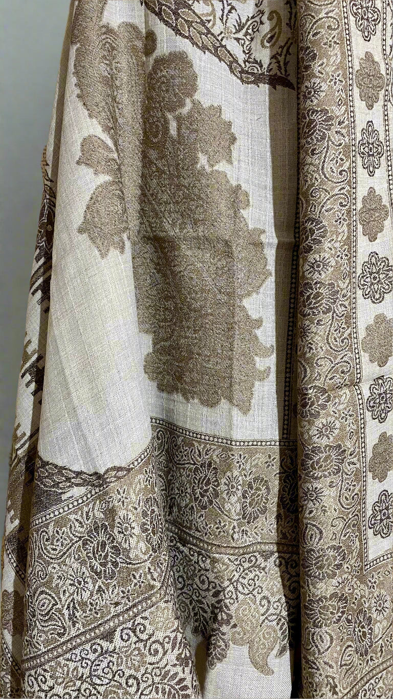 Muted Grey, Olive & Brown Box Design Aari Embroidered Traditional Jacquard Shawl