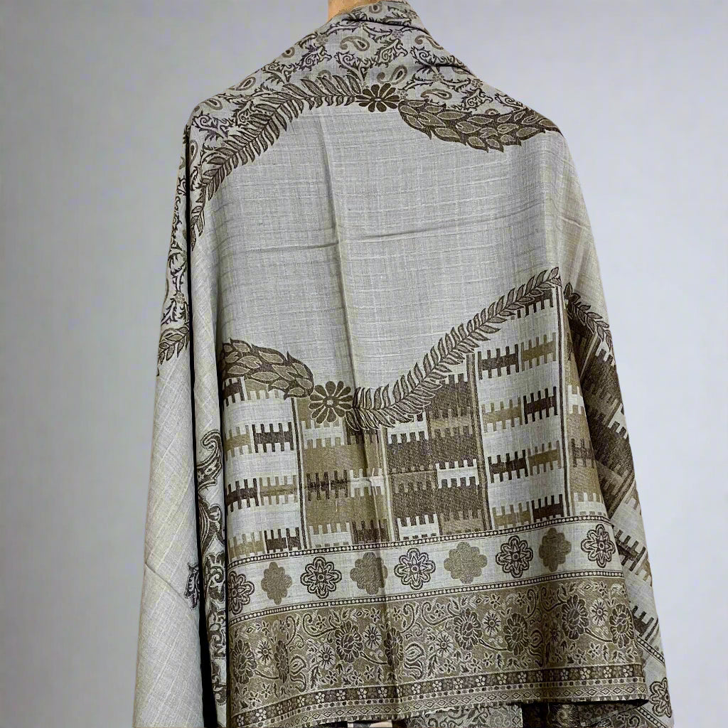 Muted Grey, Olive & Brown Box Design Aari Embroidered Traditional Jacquard Shawl