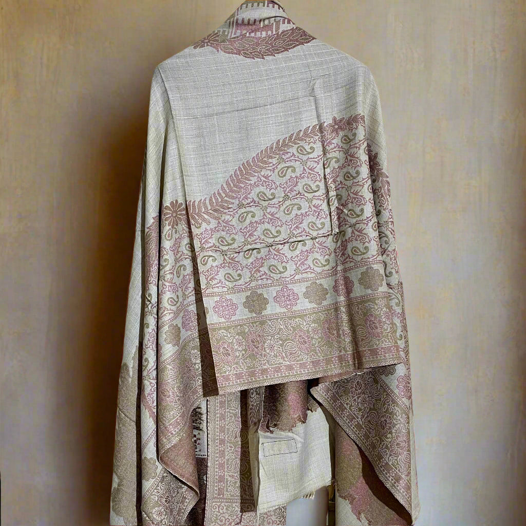 Beige, Red & Brown Box Design Aari Embroidered Traditional Jacquard Shawl