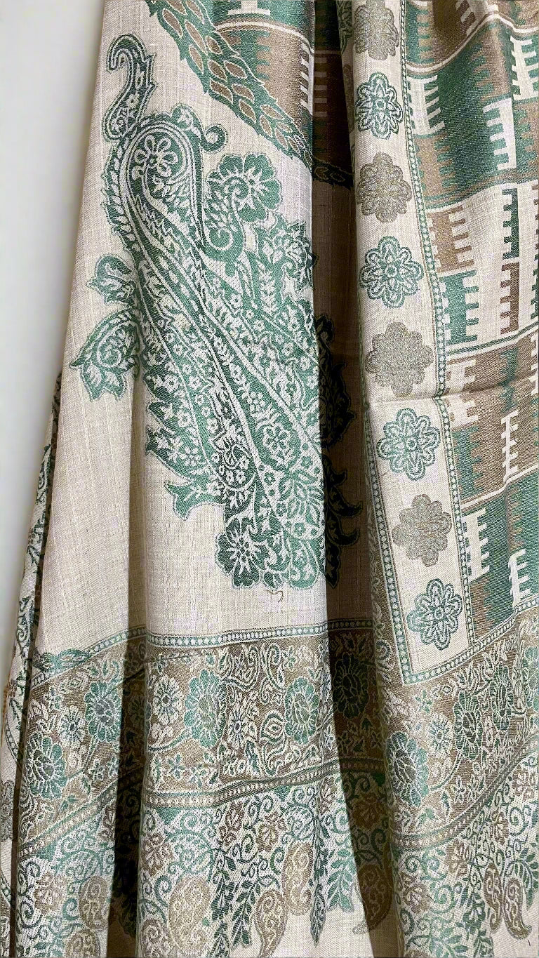 Beige, Green & Brown Box Design Aari Embroidered Traditional Jacquard Shawl