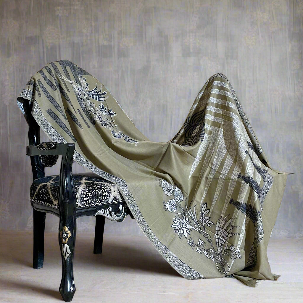 Olive Green & Grey Floral Design Aari Embroidered Traditional Jacquard Shawl