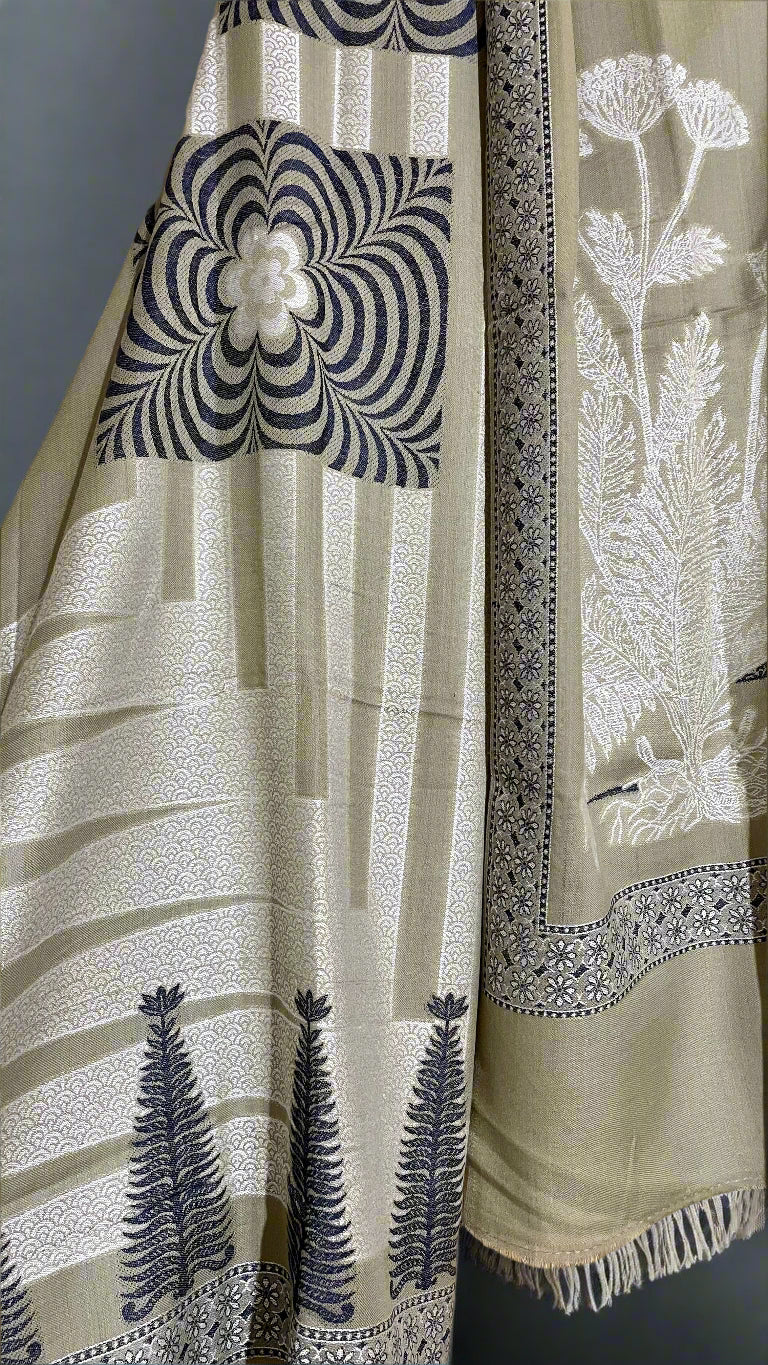 Olive Green & Grey Floral Design Aari Embroidered Traditional Jacquard Shawl