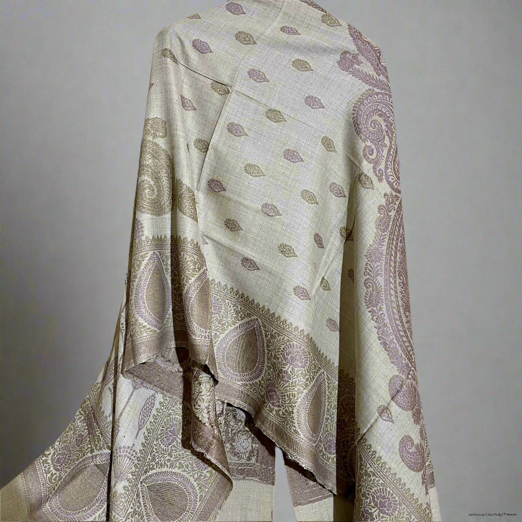 Skin & Red Floral Design Aari Embroidered Traditional Jacquard Shawl