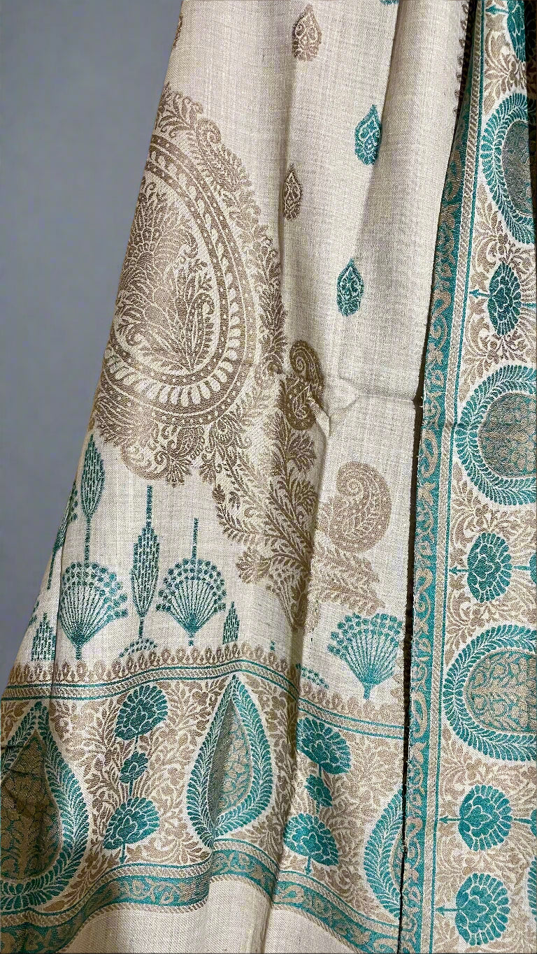 Skin & Green Floral Design Aari Embroidered Traditional Jacquard Shawl