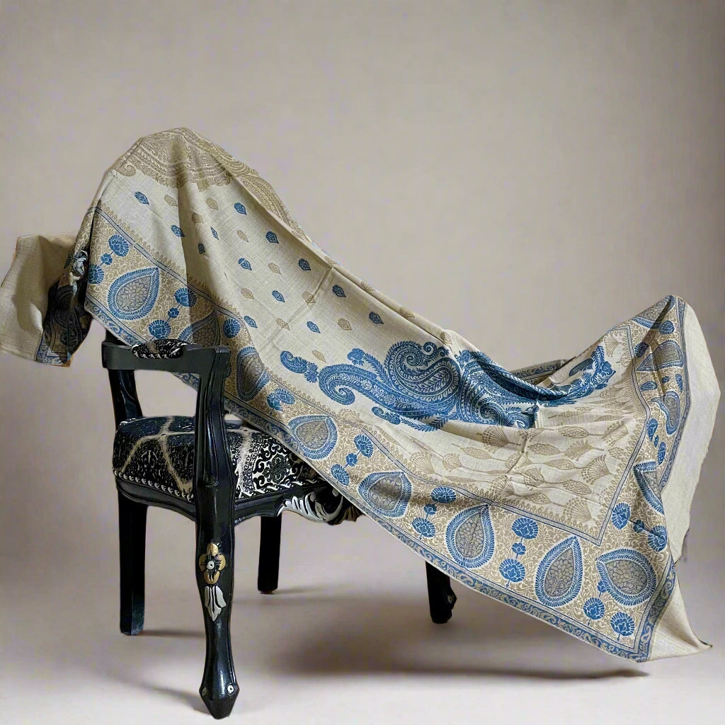 Light Skin & Blue Floral Design Aari Embroidered Traditional Jacquard Shawl