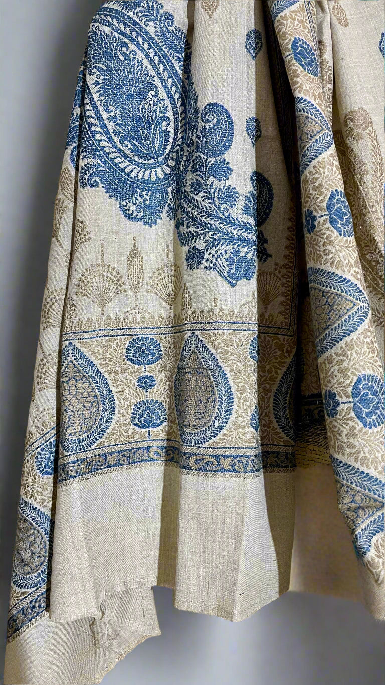 Light Skin & Blue Floral Design Aari Embroidered Traditional Jacquard Shawl