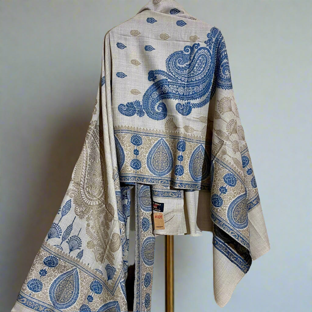 Light Skin & Blue Floral Design Aari Embroidered Traditional Jacquard Shawl