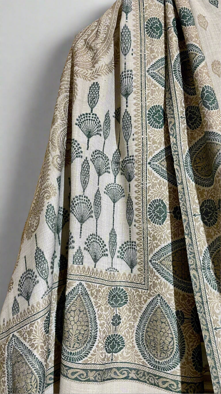 Light Skin & Green Floral Design Aari Embroidered Traditional Jacquard Shawl