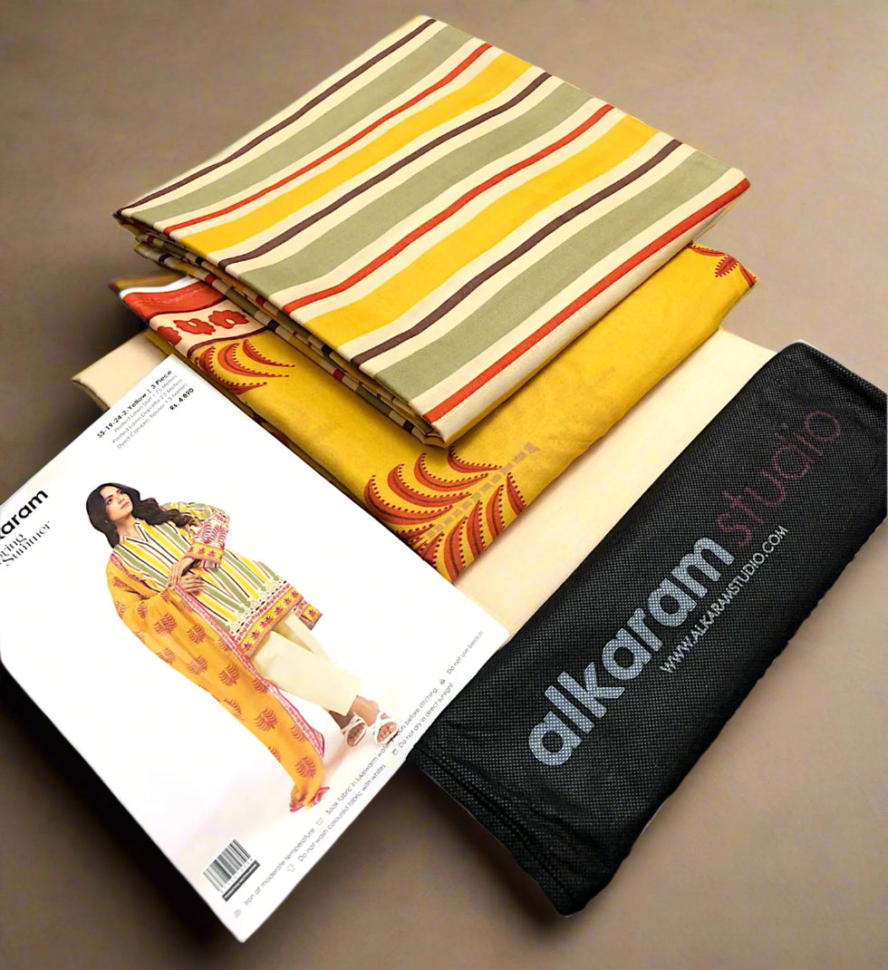 3 PC Yellow Printed Lawn Suit with Printed Dupatta